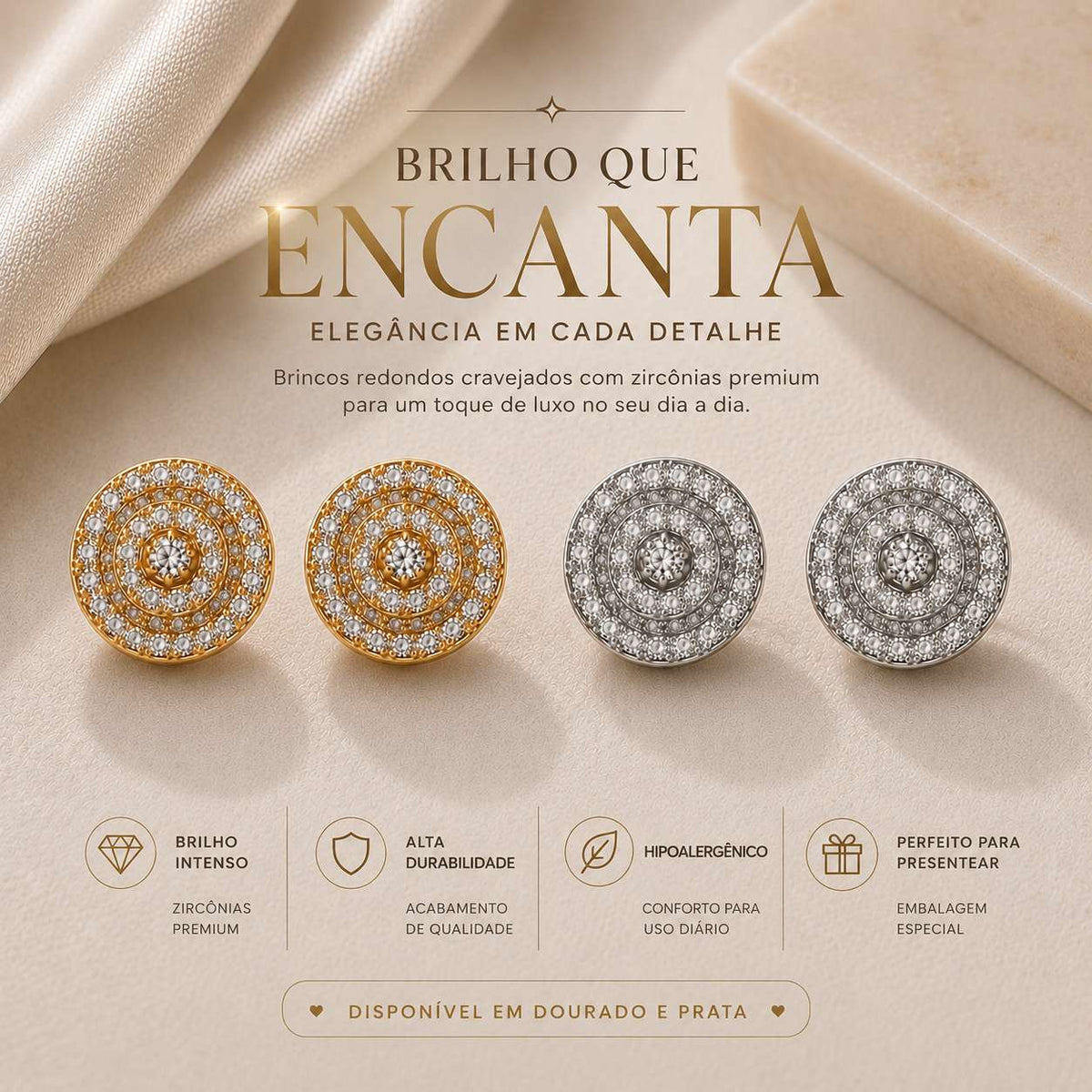 Brinco Redondo em Zircônia Luxo - Acessório de Glamour e Elegância para Qualquer Ocasião - Brilho Intenso e Alta Durabilidade