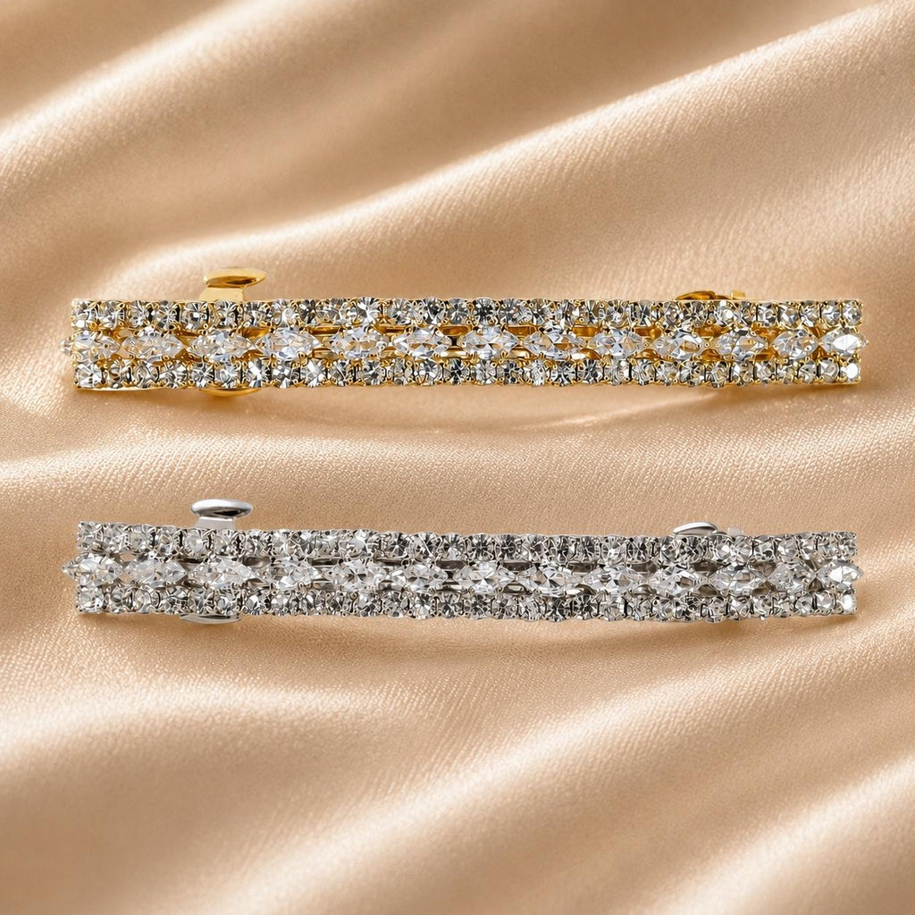 Presilha Retangular Dupla Fileira de Zircônias | Grampo Elegante Dourado e Prateado para Cabelo Dia a Dia e Festas