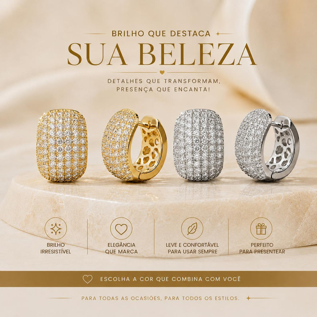 Brinco Argola Largo Pavê Zircônia | Dourado/Prateado, Leve, Elegante para Dia a Dia e Festas