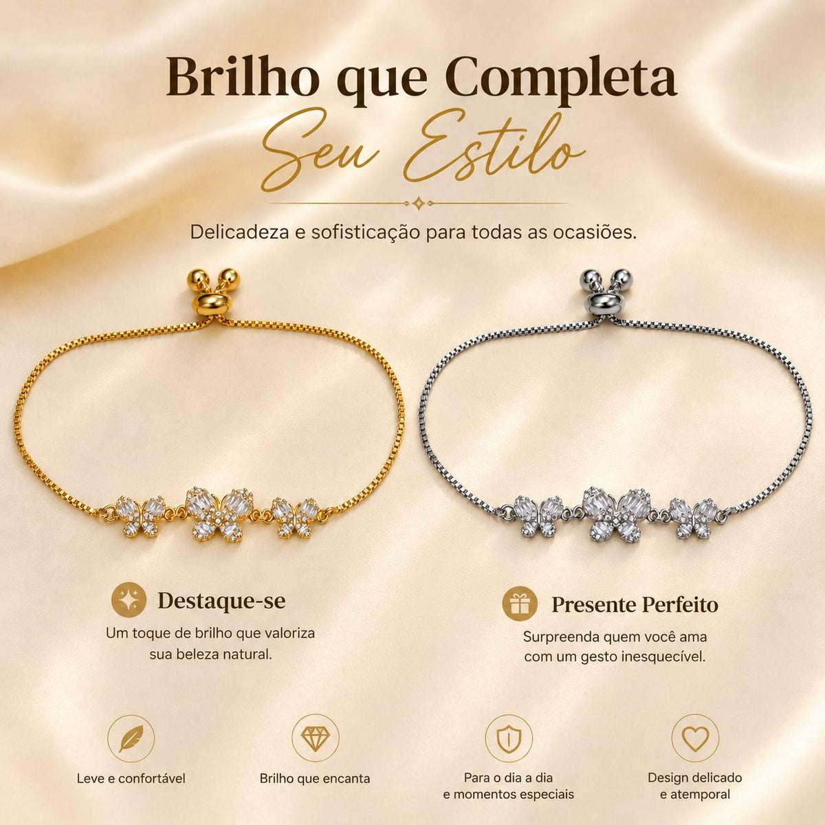 Pulseira Ajustável com Três Borboletas Zircônias Brilhantes | Pulseira Feminina Dourada e Prateada Acessório Delicado Luxuoso para Presente