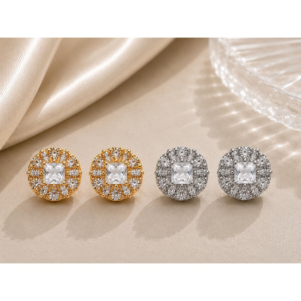 Brinco Flor de Zircônia com Pedra Quadrada Central