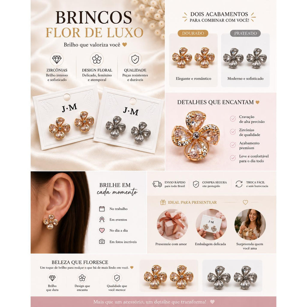 Brinco Flor com Pétalas de Zircônia Design Floral Elegante e Romântico Zircônias de Corte Marquise Brilho Luxuoso para Ocasiões Especiais