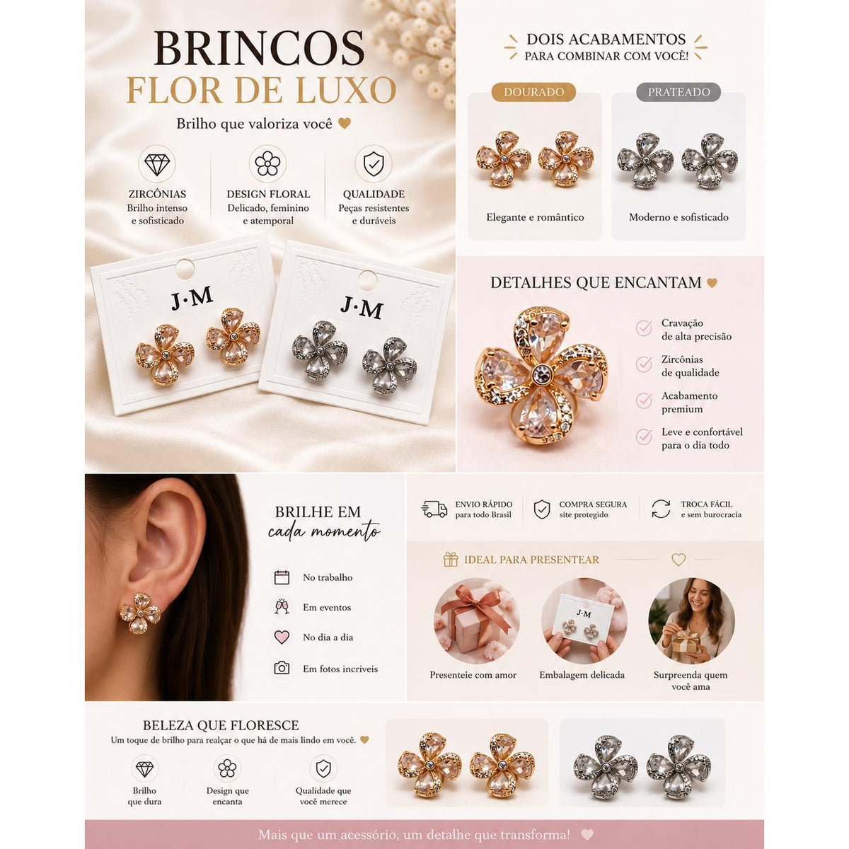 Brinco Flor com Pétalas de Zircônia Design Floral Elegante e Romântico Zircônias de Corte Marquise Brilho Luxuoso para Ocasiões Especiais