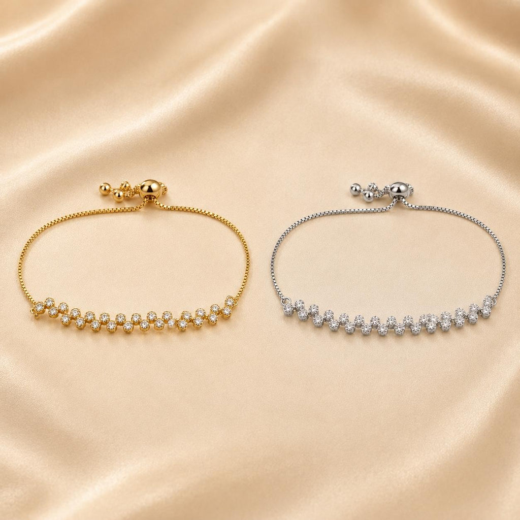 Pulseira Ajustável Fileira de Flores com Zircônias Brilhantes | Pulseira Feminina Dourada e Prateada Acessório Delicado Luxuoso Presente para Mulher