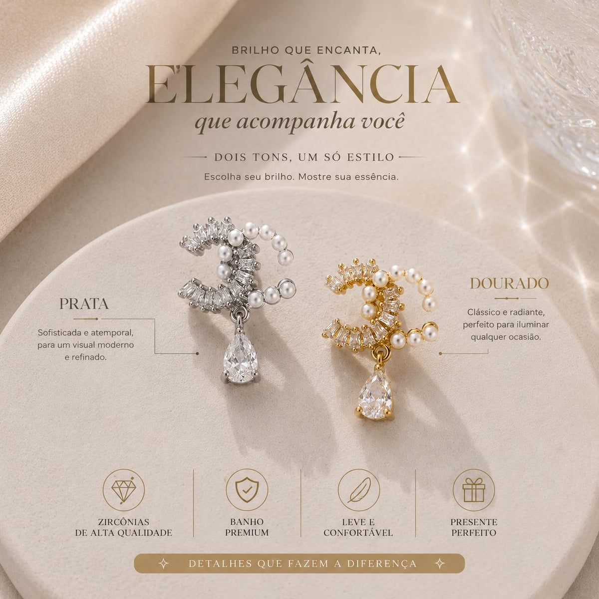 Brinco Duplo C com Pérolas e Pingente Gota de Zircônia