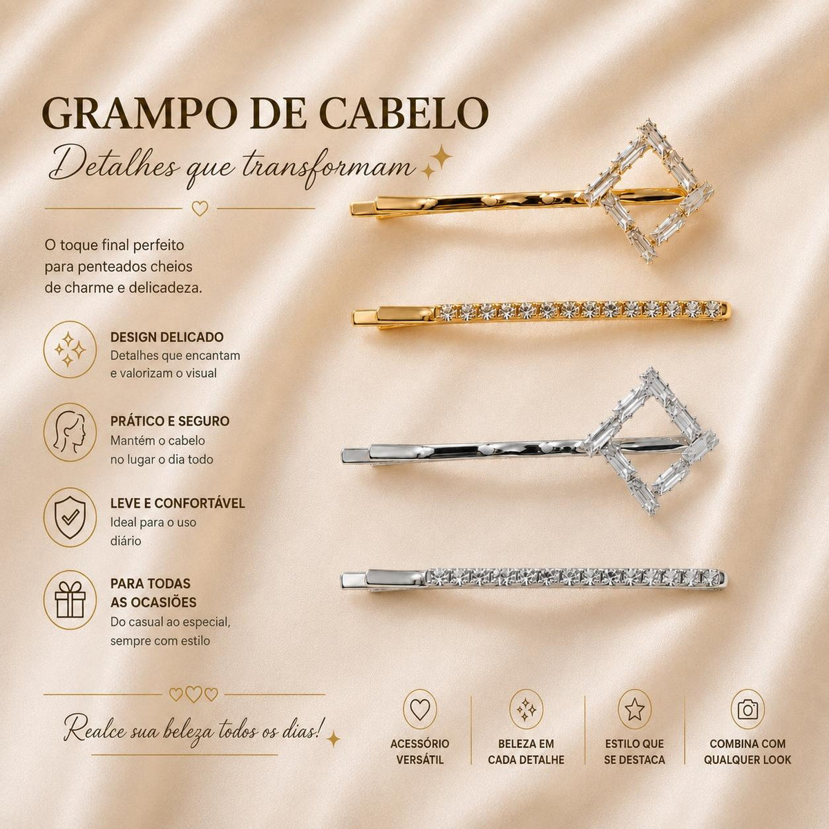 Kit Grampo de Cabelo Losango com Zircônia 2 Peças | Presilha Feminina Delicada Dourado e Prateado