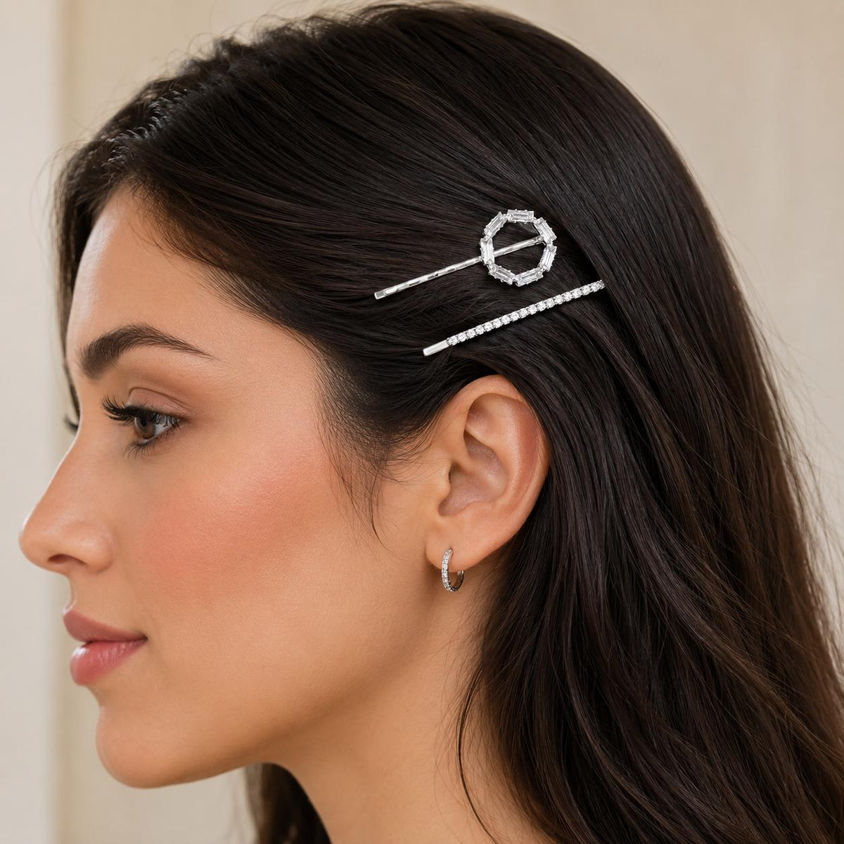 Kit Grampo de Cabelo Hexágono Zircônia 2 Peças | Presilha Feminina Delicada Dourado e Prateado