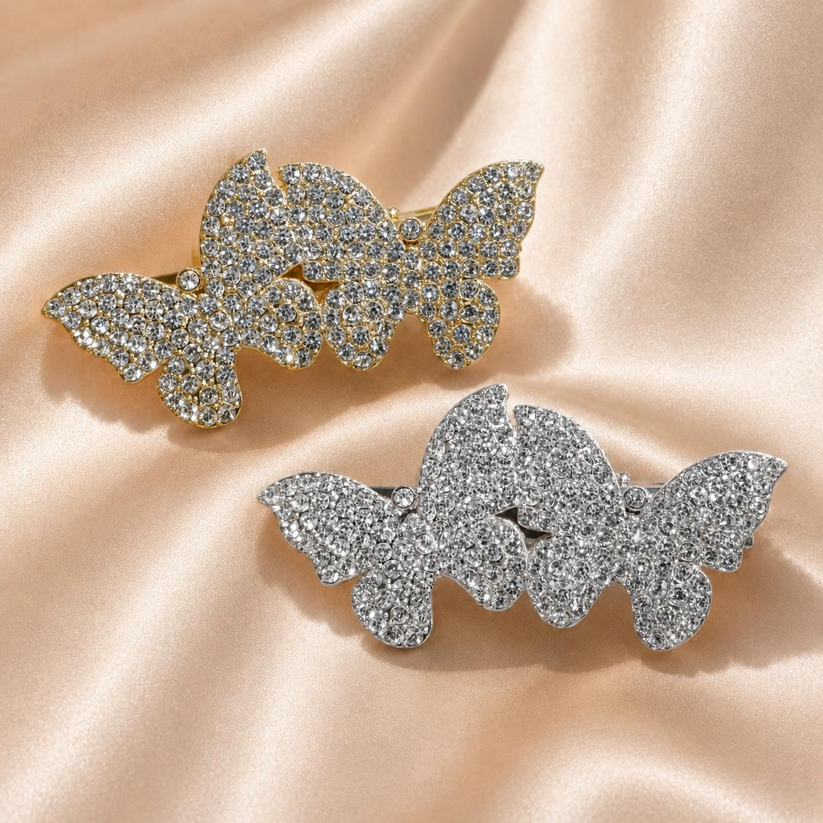 Presilha Dupla Borboleta Cheia de Zircônias | Grampo Elegante Dourado e Prateado para Cabelo, Dia a Dia e Festas