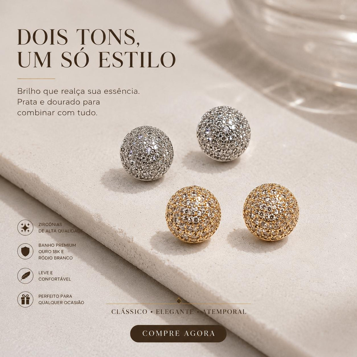 Bijuteria Brinco Bola em Zircônia Luxo Esférico com Brilho 360° para Mulheres Elegantes e Glamurosas
