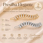 Presilha de Cabelo Curva com Zircônias Retangulares | Grampo Elegante Dourado e Prateado para Dia a Dia e Festas
