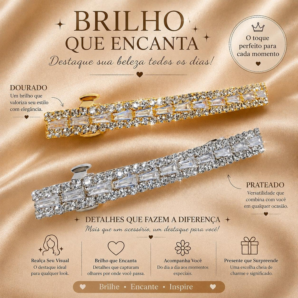 Presilha Longa Mista de Zircônias Redondas e Retangulares | Grampo Elegante Dourado e Prateado para Cabelo Dia a Dia e Festas