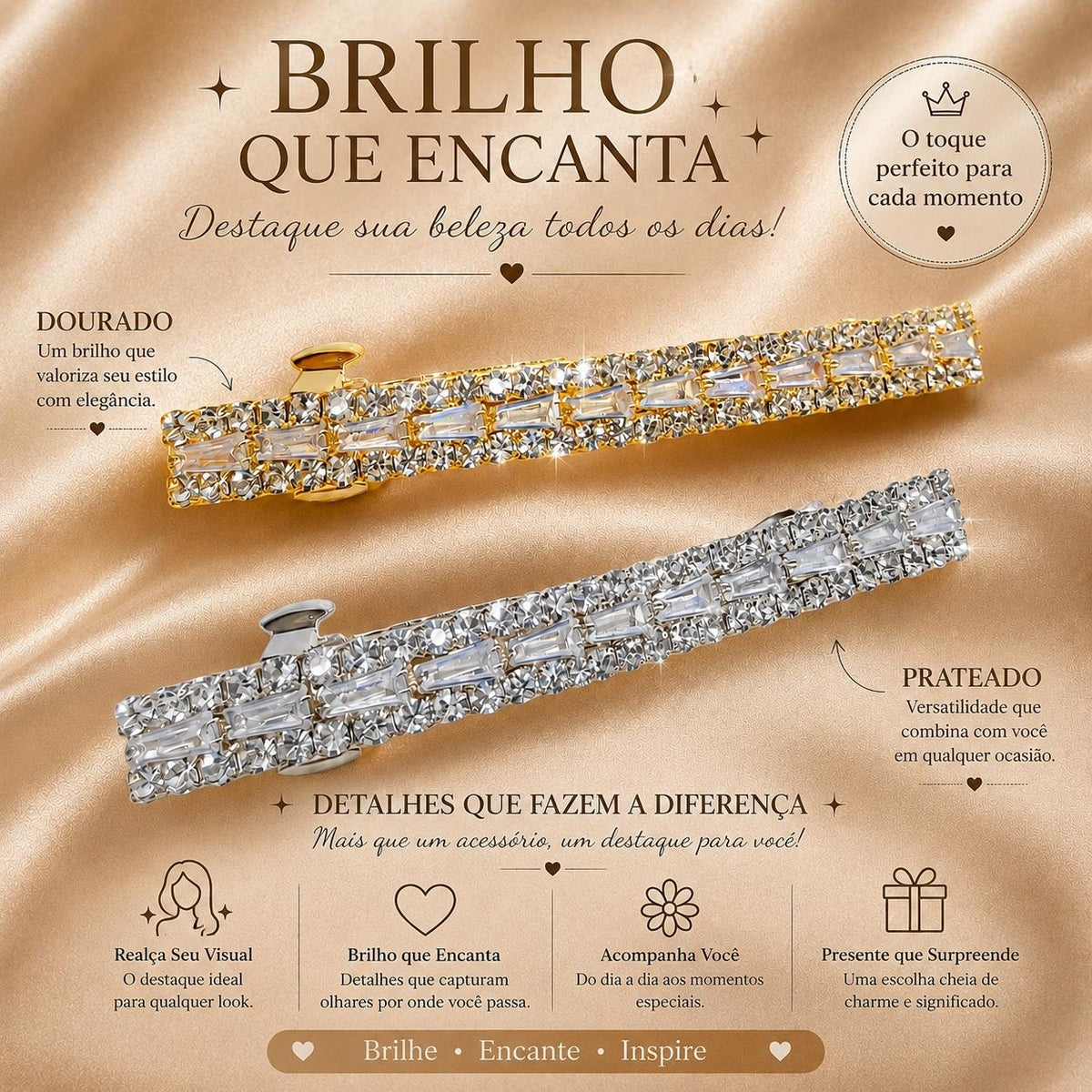 Presilha Longa Mista de Zircônias Redondas e Retangulares | Grampo Elegante Dourado e Prateado para Cabelo Dia a Dia e Festas