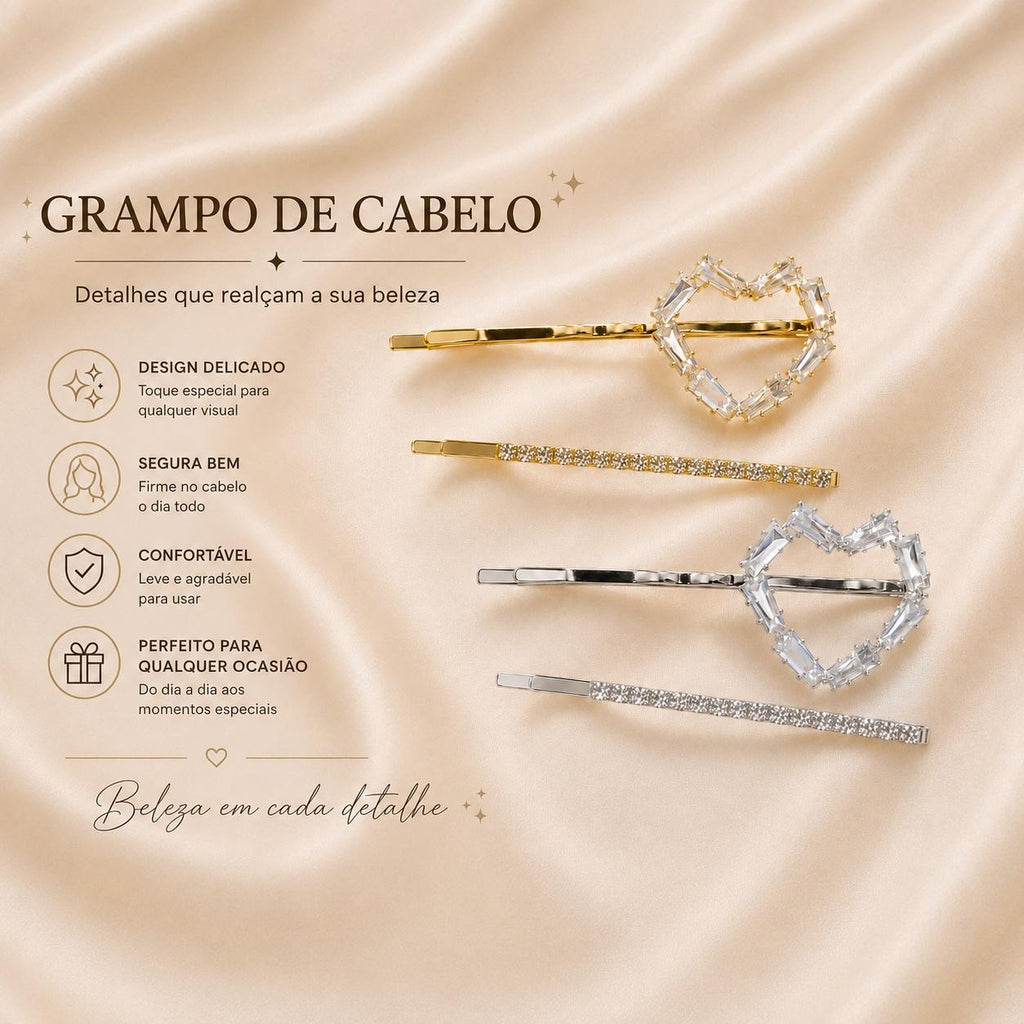 Grampo de Cabelo Coração com Zircônia Kit 2 Peças | Presilha Feminina Delicada Dourado e Prateado