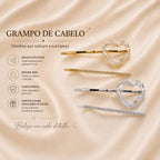 Grampo de Cabelo Coração com Zircônia Kit 2 Peças | Presilha Feminina Delicada Dourado e Prateado