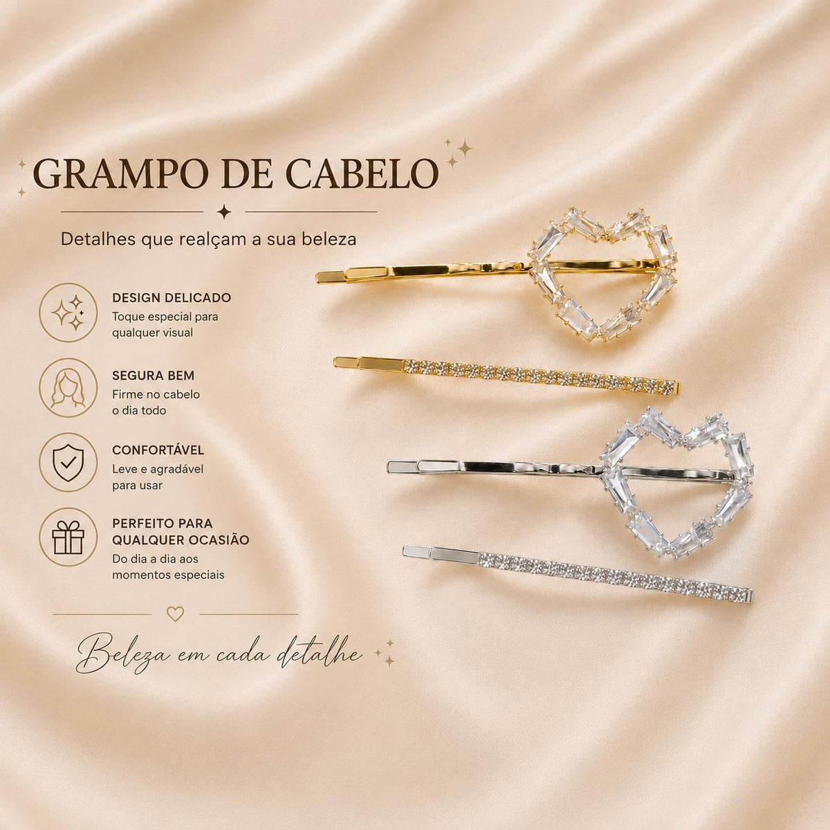 Grampo de Cabelo Coração com Zircônia Kit 2 Peças | Presilha Feminina Delicada Dourado e Prateado