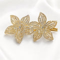 Presilha Duas Flores Cinco Pétalas Vazadas com Zircônias Brilhantes | Grampo Dourado e Prateado Acessório Feminino Elegante para Cabelo