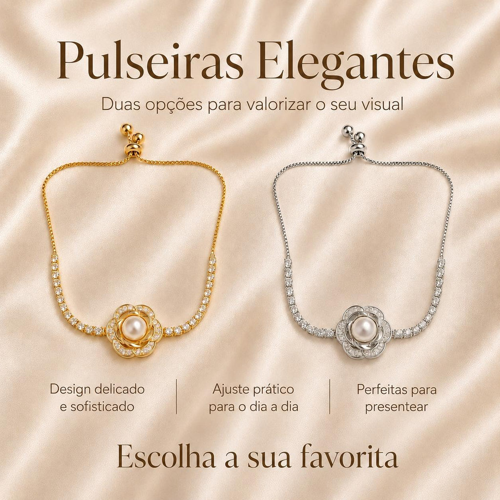 Pulseira Ajustável Flor de Camélia com Pérola Central e Zircônias Brilhantes | Pulseira Feminina Dourada e Prateada Acessório Elegante para Presente