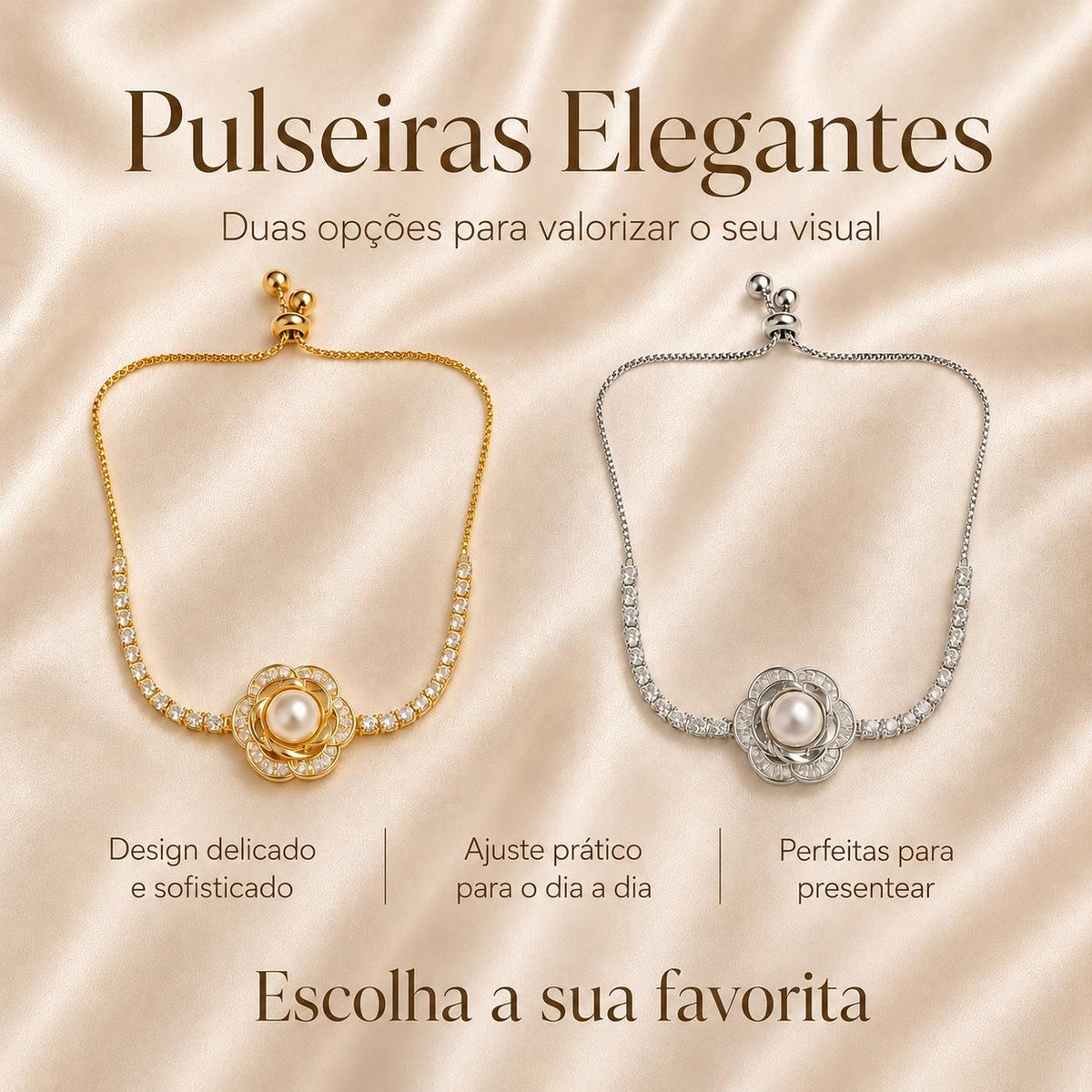 Pulseira Ajustável Flor de Camélia com Pérola Central e Zircônias Brilhantes | Pulseira Feminina Dourada e Prateada Acessório Elegante para Presente