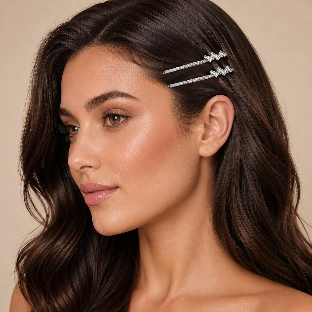 Kit 2 Grampos de Cabelo com Zircônia Brilhante | Presilha Feminina Elegante Dourado e Prateado