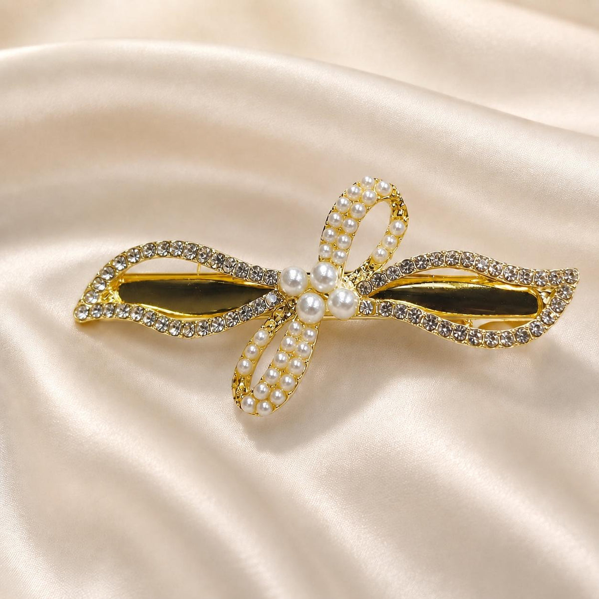 Presilha Laço com Pérolas e Zircônias Elegante | Grampo Dourado e Prateado para Cabelo Uso Diário e Festas