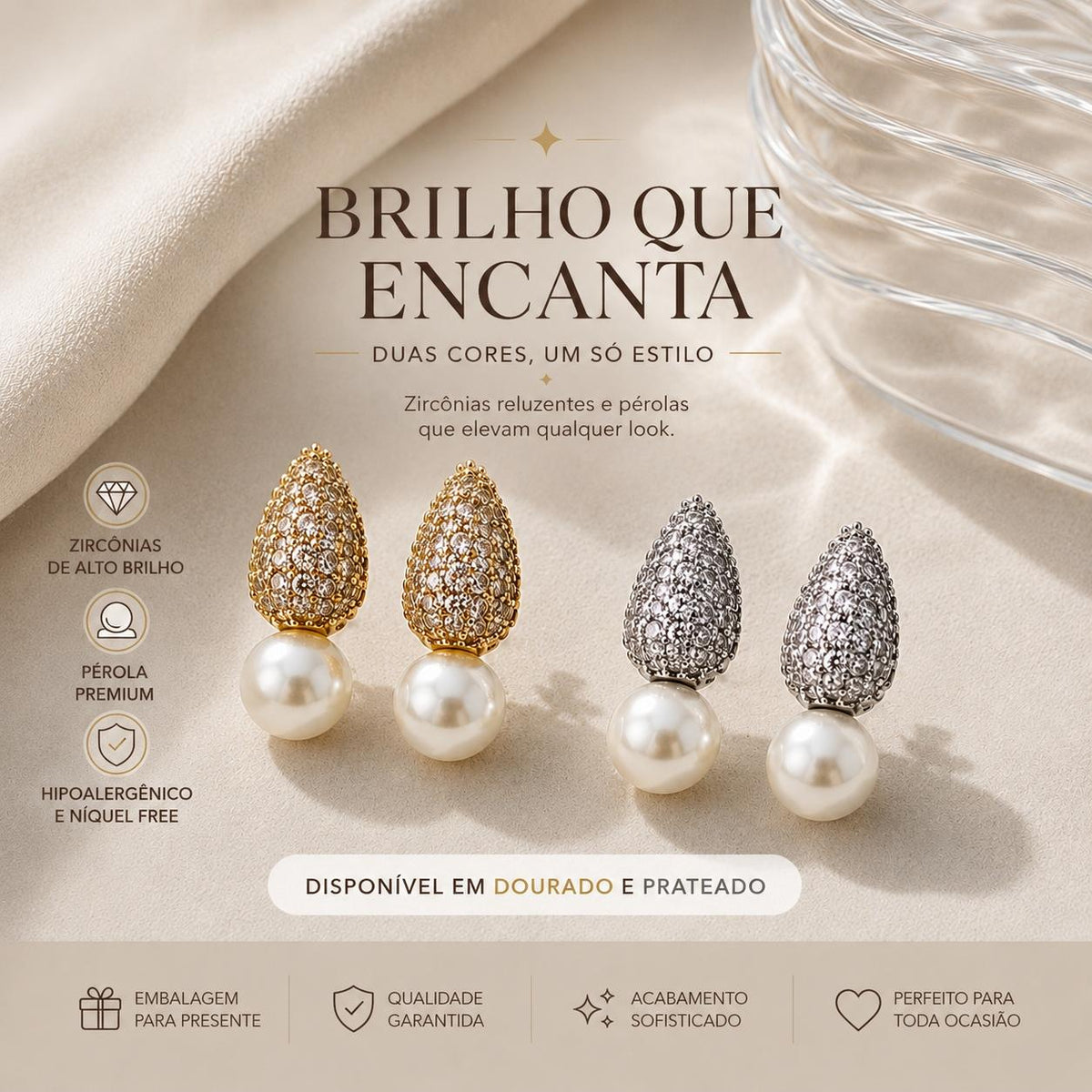 Brinco Pendente com Zircônias em Forma de Gota e Pérola