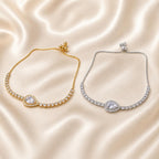 Pulseira Ajustável com Pedra Zircônia em Forma de Gota e Corrente Cheia de Cristais | Pulseira Feminina Dourada e Prateada Acessório Delicado para Presente