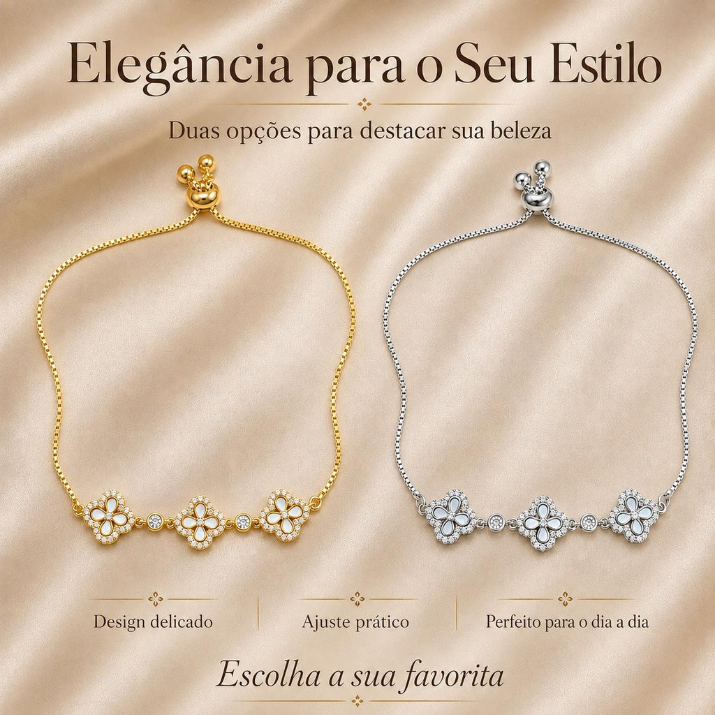 Pulseira Ajustável com Três Trevos de Madrepérola e Zircônias | Pulseira Feminina Dourada e Prateada Acessório Delicado Sorte Presente para Mulher