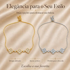 Pulseira Ajustável com Três Trevos de Madrepérola e Zircônias | Pulseira Feminina Dourada e Prateada Acessório Delicado Sorte Presente para Mulher