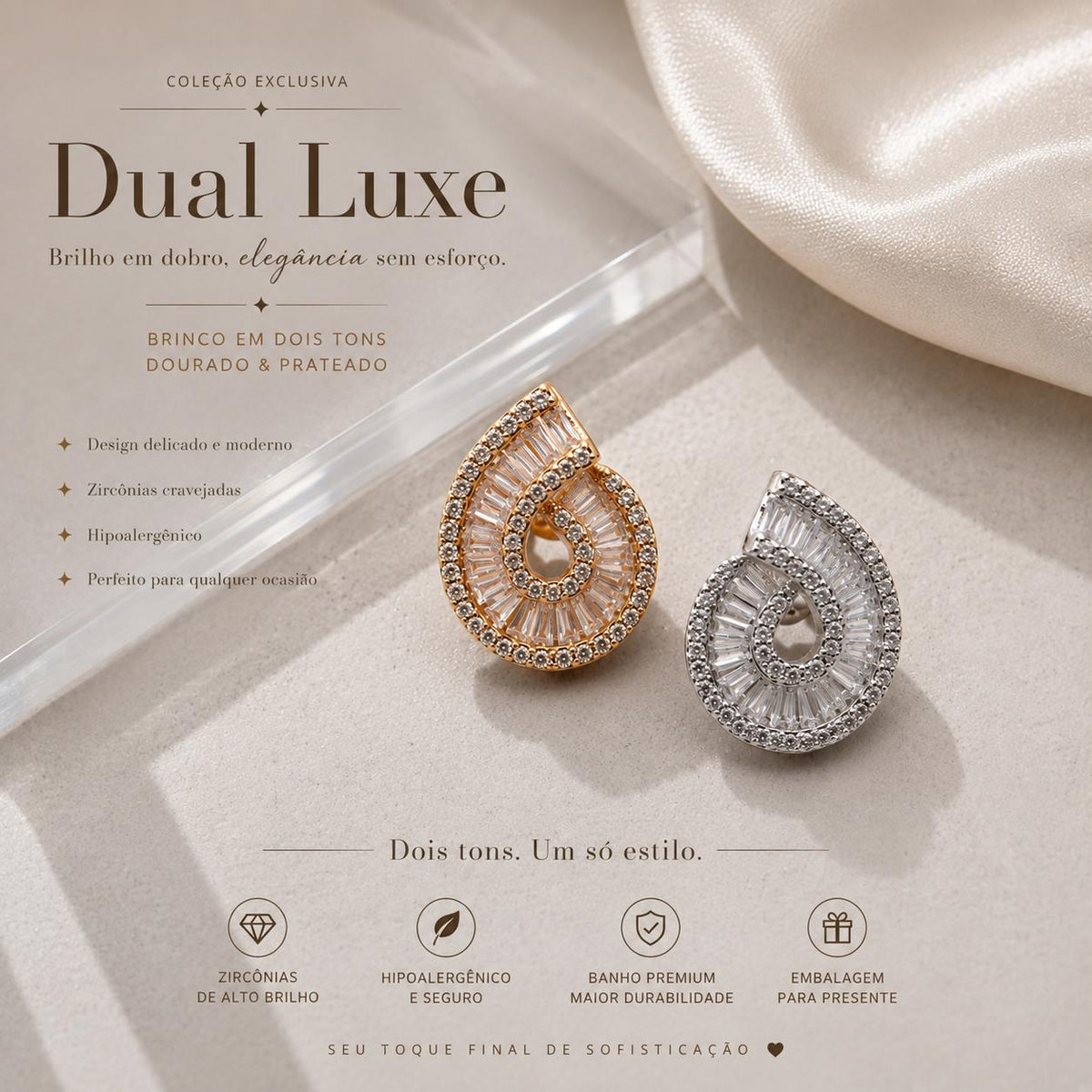 JM Bijuteria Brinco Concha em Zircônia Luxo Dual Luxe Brilho em Dobro Elegância sem Esforço Zircônias Lapidadas Design Concha Marinha