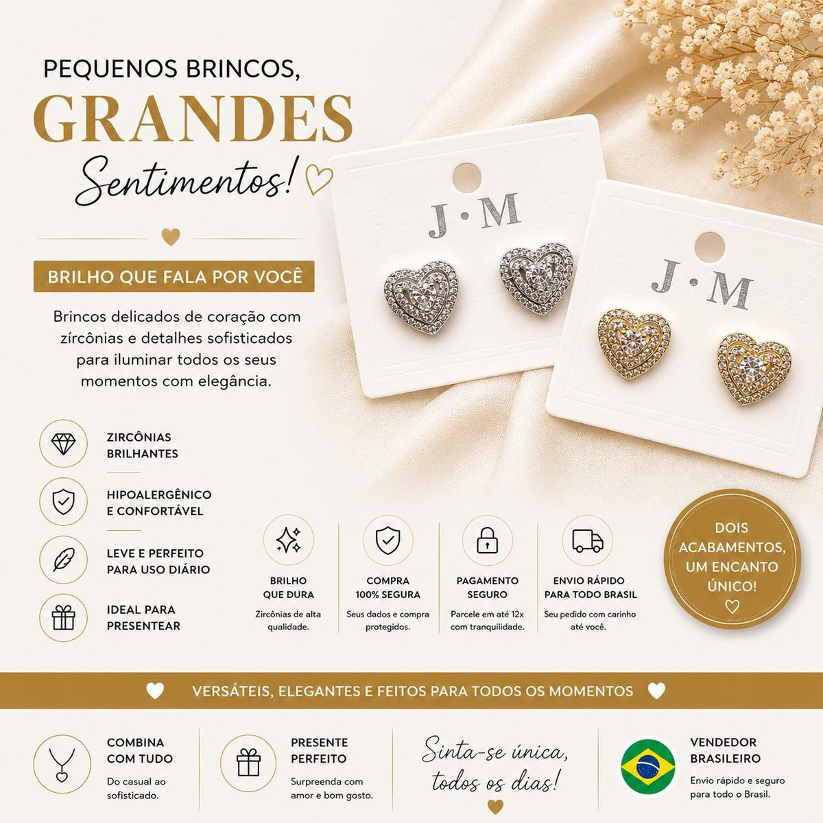 Brinco Coração Duplo em Zircônia Luxo Elegância e Amor Design Romântico para Mulheres Charmosas e Sofisticadas