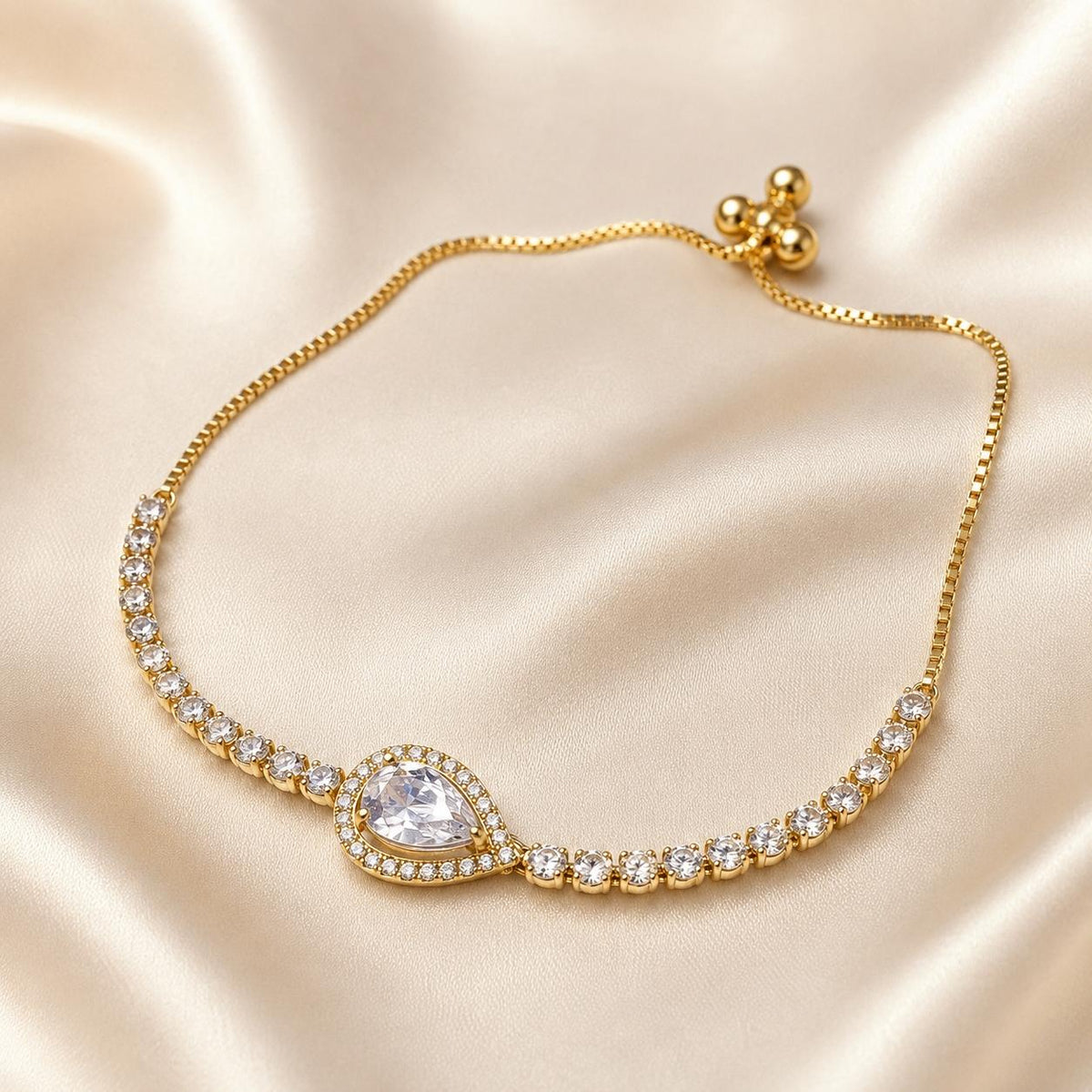 Pulseira Ajustável com Pedra Zircônia em Forma de Gota e Corrente Cheia de Cristais | Pulseira Feminina Dourada e Prateada Acessório Delicado para Presente