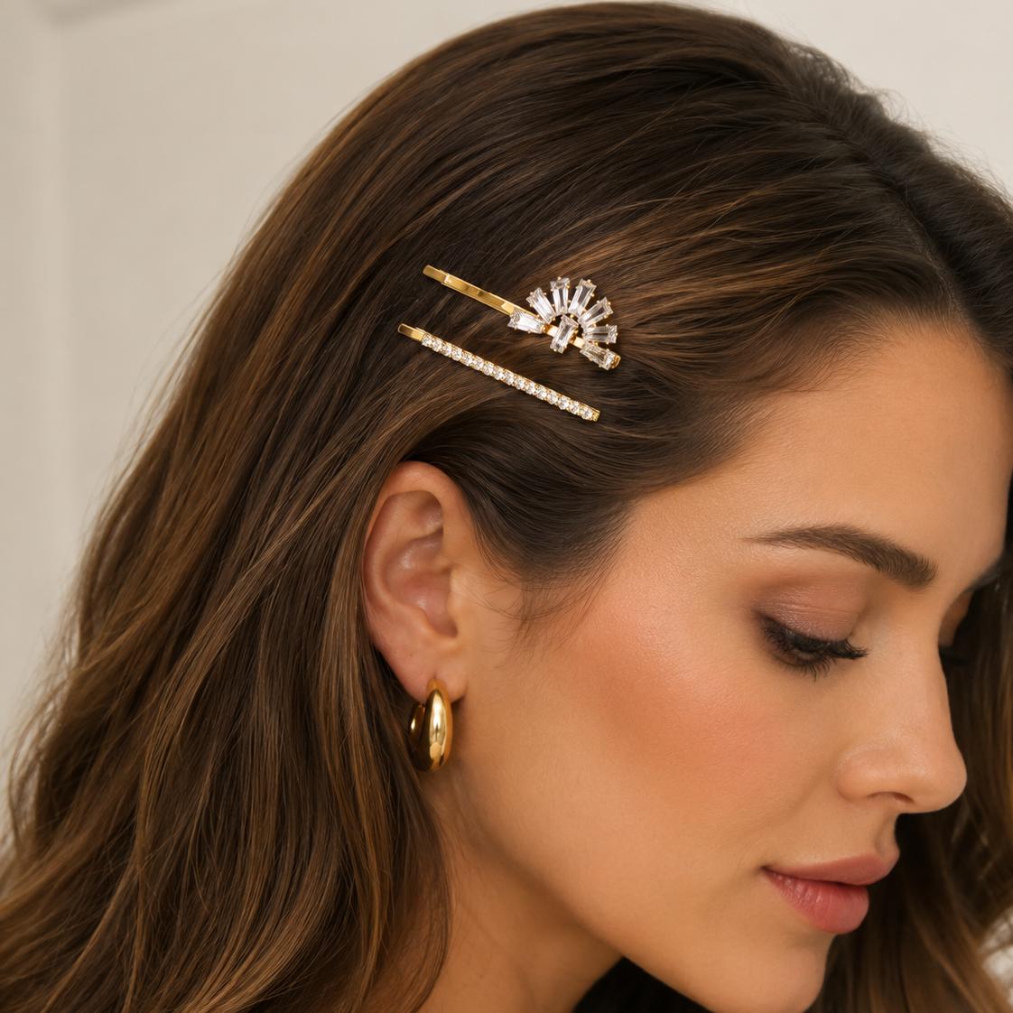 Kit Grampo de Cabelo Leque Zircônia 2 Peças | Presilha Feminina Elegante Dourado e Prateado