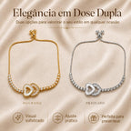 Pulseira Ajustável Coração Duplo Oco com Madrepérola e Zircônias Retangulares | Pulseira Feminina Dourada e Prateada Acessório Sofisticado Romântico para Presente
