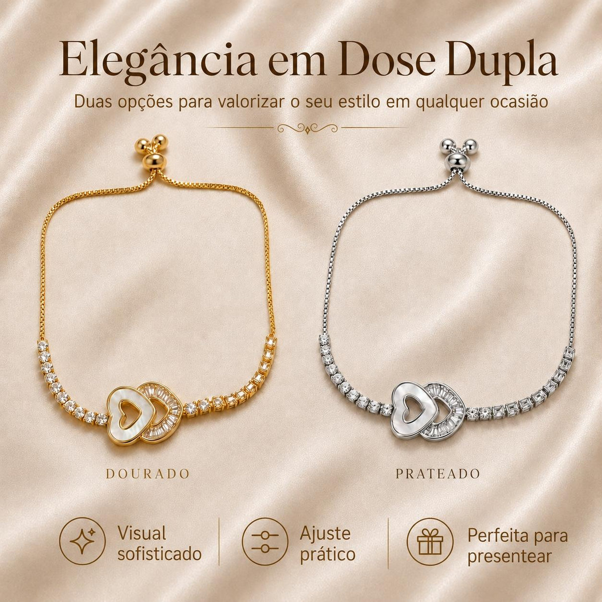 Pulseira Ajustável Coração Duplo Oco com Madrepérola e Zircônias Retangulares | Pulseira Feminina Dourada e Prateada Acessório Sofisticado Romântico para Presente
