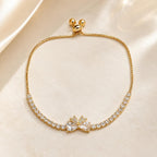 Pulseira Ajustável Laço com Dois Corações e Zircônias Brilhantes | Pulseira Feminina Dourada e Prateada Acessório Elegante para Presente