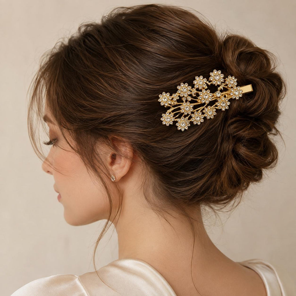Presilha Ramalho de Flores Cheia de Zircônias Delicada | Grampo Dourado e Prateado Acessório Feminino para Dia a Dia e Festas
