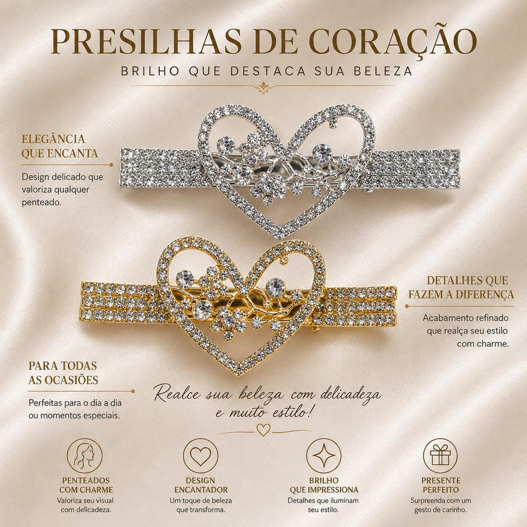 Presilha Coração Vazado com Ramos Florais e Zircônias Brilhantes | Grampo Dourado e Prateado Acessório Feminino Elegante para Cabelo