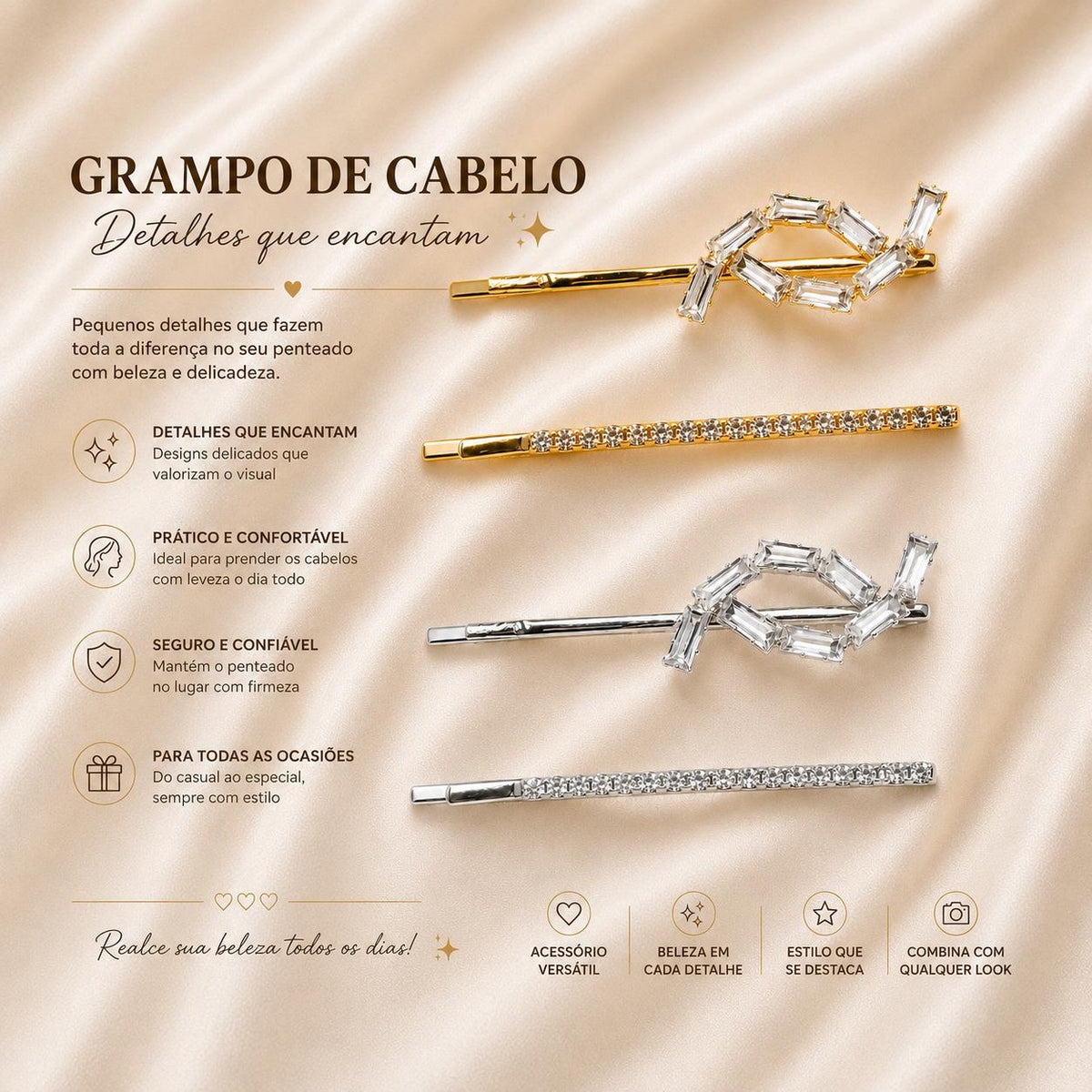 Kit Grampo de Cabelo Nó com Zircônia 2 Peças | Presilha Feminina Delicada Dourado e Prateado