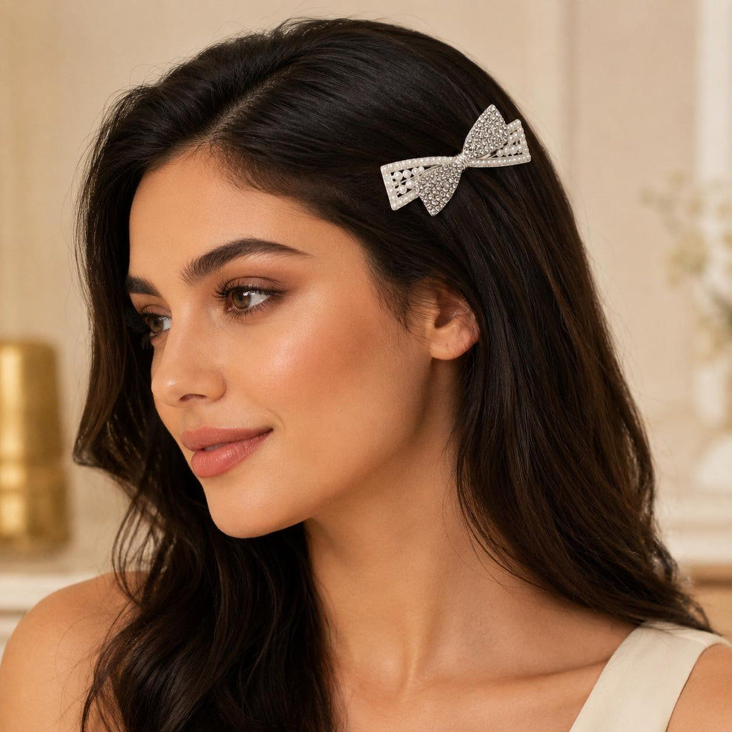 Presilha Laço com Pérolas e Zircônias Dupla Textura | Grampo Elegante Dourado e Prateado para Cabelo Dia a Dia e Festas