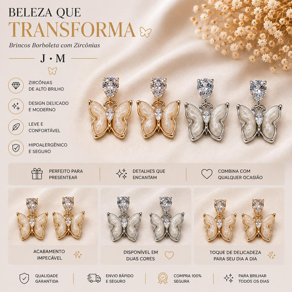 Brinco Borboleta com Zircônias e Esmalte