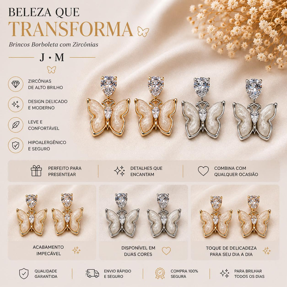 Brinco Borboleta com Zircônias e Esmalte