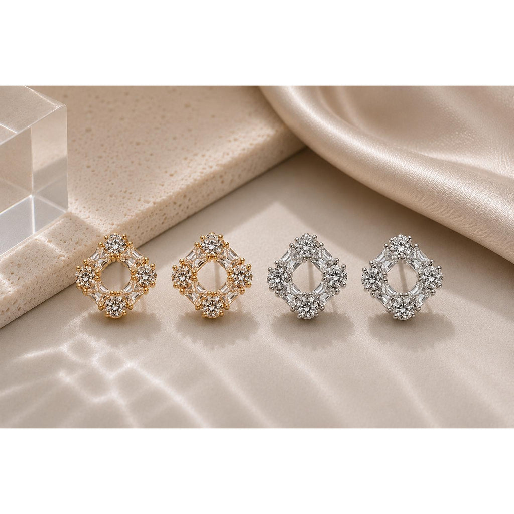 Brinco Quadrado com Halo de Zircônias Redondas e Baguete Design Simétrico Elegante e Moderno para Mulheres