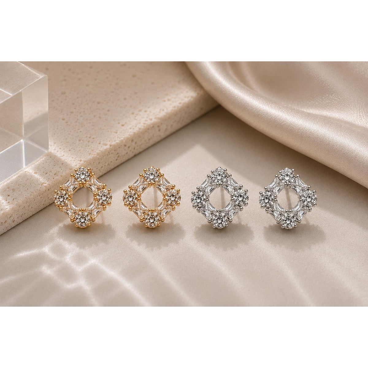 Brinco Quadrado com Halo de Zircônias Redondas e Baguete Design Simétrico Elegante e Moderno para Mulheres