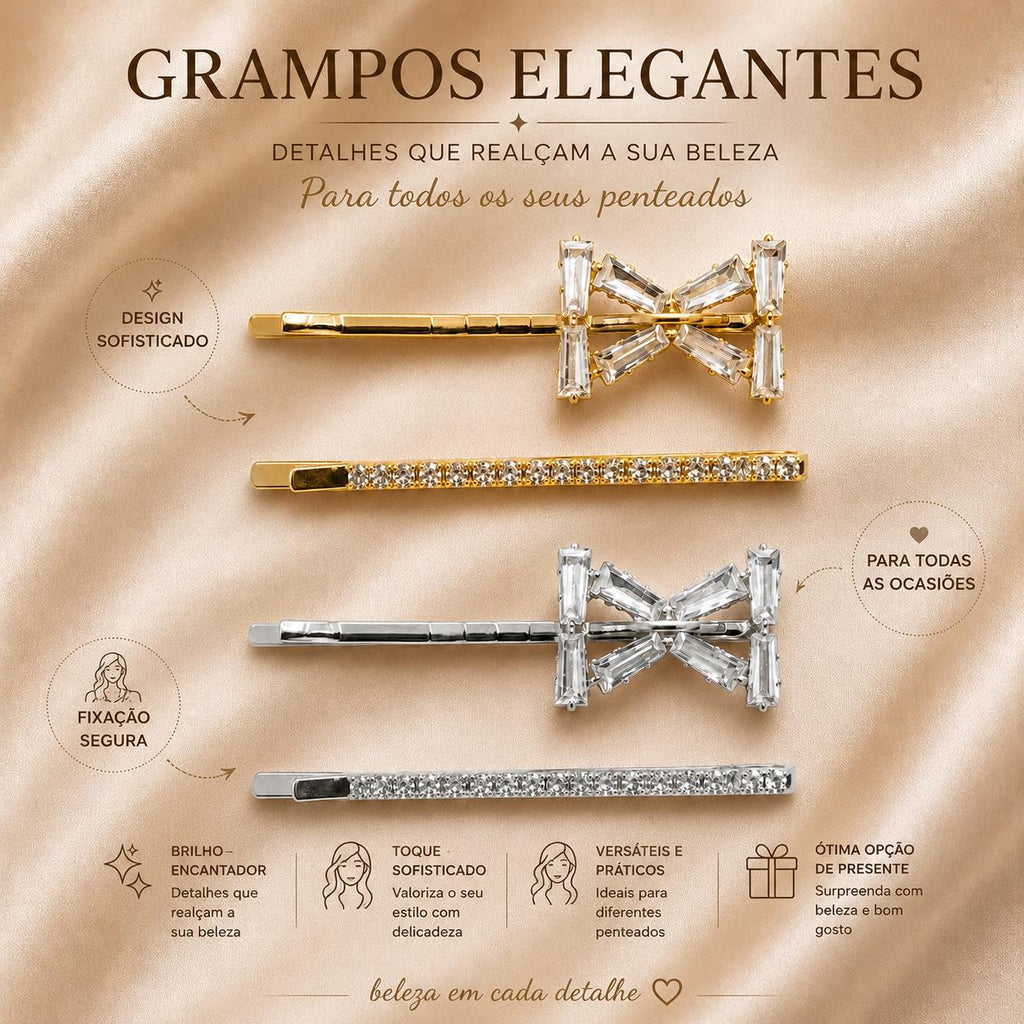 Kit Grampo de Cabelo Laço com Zircônia 2 Peças | Presilha Feminina Delicada Dourado e Prateado