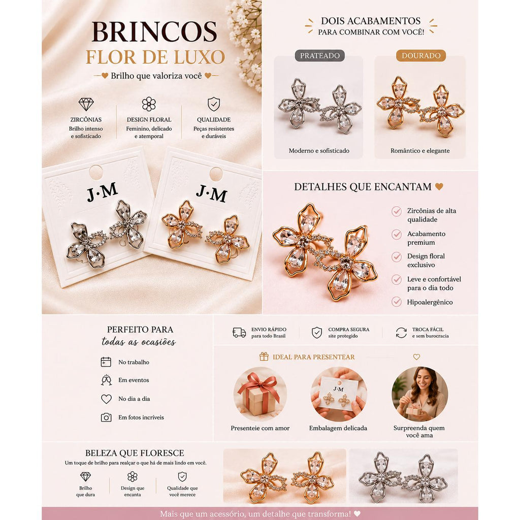 Brinco Flor Assimétrica com Zircônias Corte Marquise e Redondo Design Leve e Moderno para Estilos Românticos