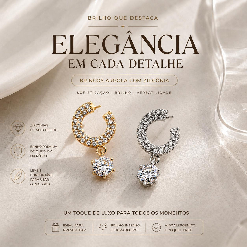 Brinco Meia Lua com Pingente de Zircônia