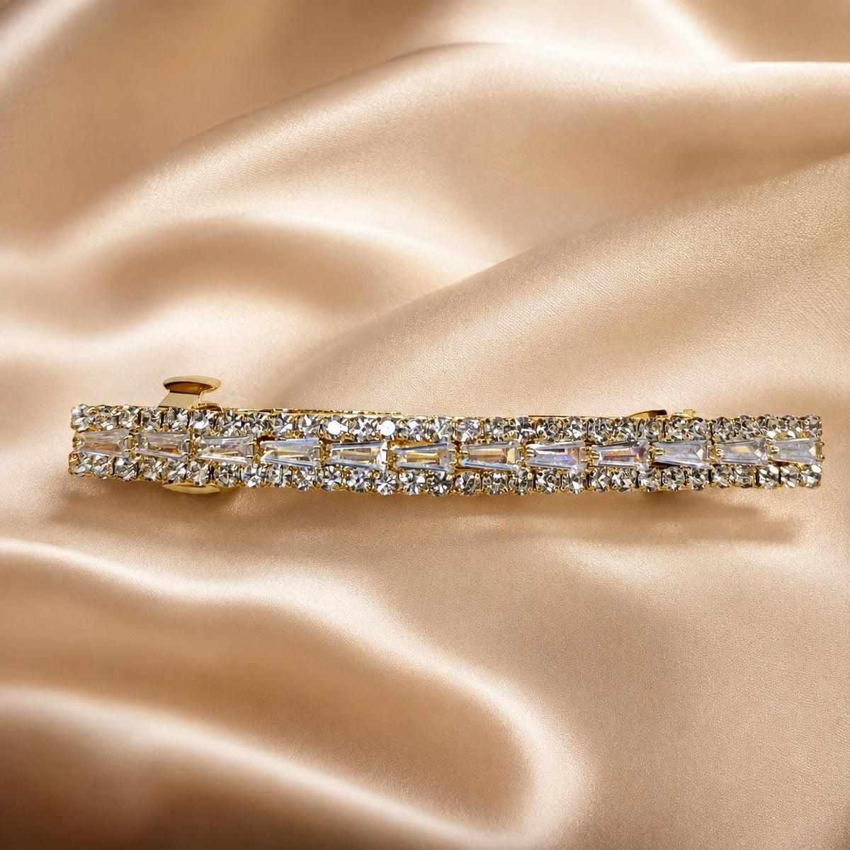 Presilha Longa Mista de Zircônias Redondas e Retangulares | Grampo Elegante Dourado e Prateado para Cabelo Dia a Dia e Festas