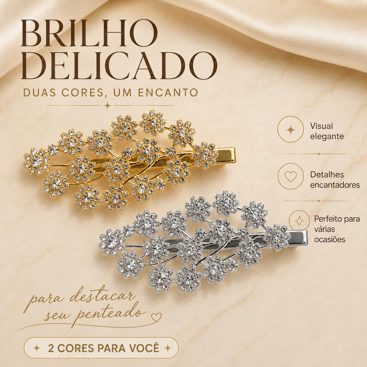 Presilha Ramalho de Flores Cheia de Zircônias Delicada | Grampo Dourado e Prateado Acessório Feminino para Dia a Dia e Festas