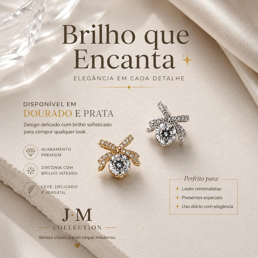 JM Collection Brinco Laço com Zircônia Central Dourado e Prata Acabamento Premium Zircônia Brilhante Elegância e Versatilidade