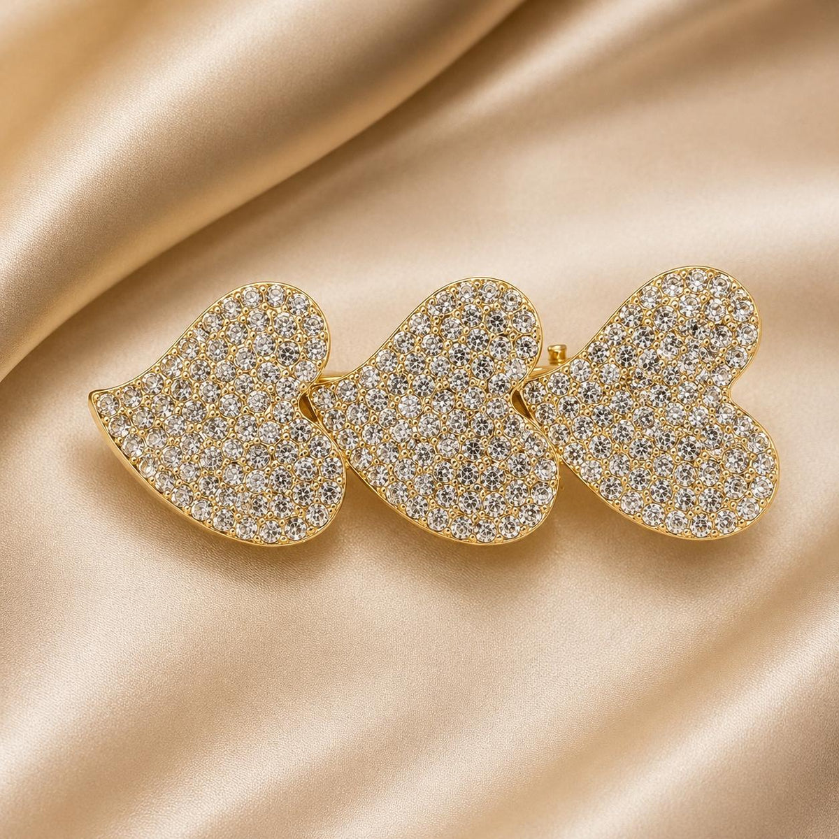 Presilha Três Corações Cheia de Zircônias | Grampo Elegante Dourado e Prateado para Cabelo Uso Diário e Festas
